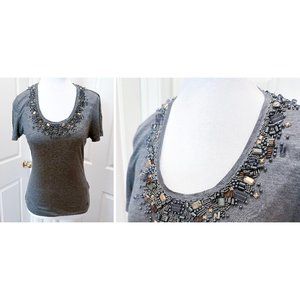 Escada Embroidered Short Sleeve T-Shirt / 34 XS S / EUC / Beaded Shirt Grey Top